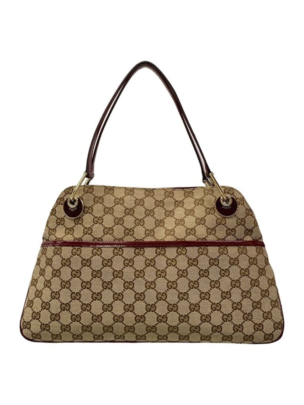 Gucci Tote Bag GG Pattern Beige Dark Brown Bordeaux Leather